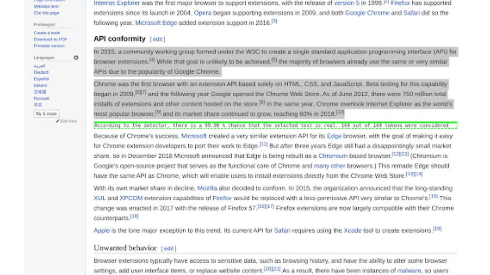 GPT-2 Detector Browser Extension - Chrome Extension