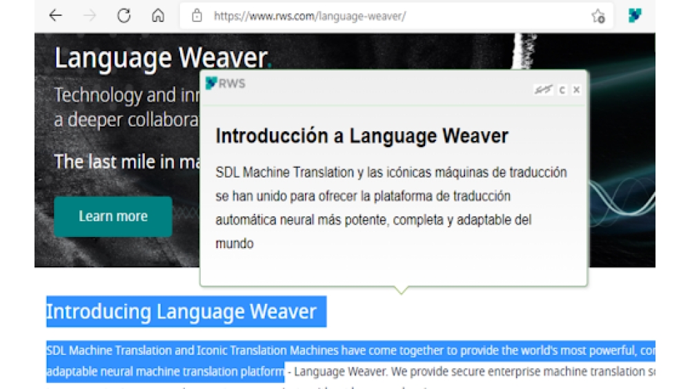 Language Weaver Instant Translation - Chrome Extension
