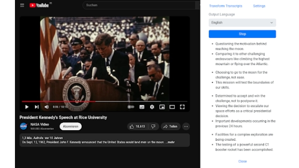 Live summarization into bullet points with one click. Translation in 30+ languages. Transcripts can be transformed with ChatGPT. - Chrome Extension