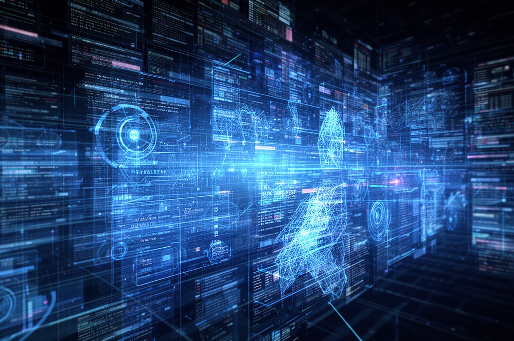 AI agent interacting with complex data sets in a futuristic style