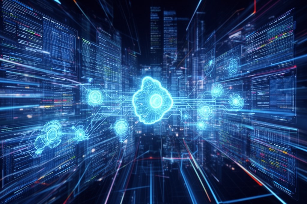 AI agent interacting with complex data sets in a futuristic style