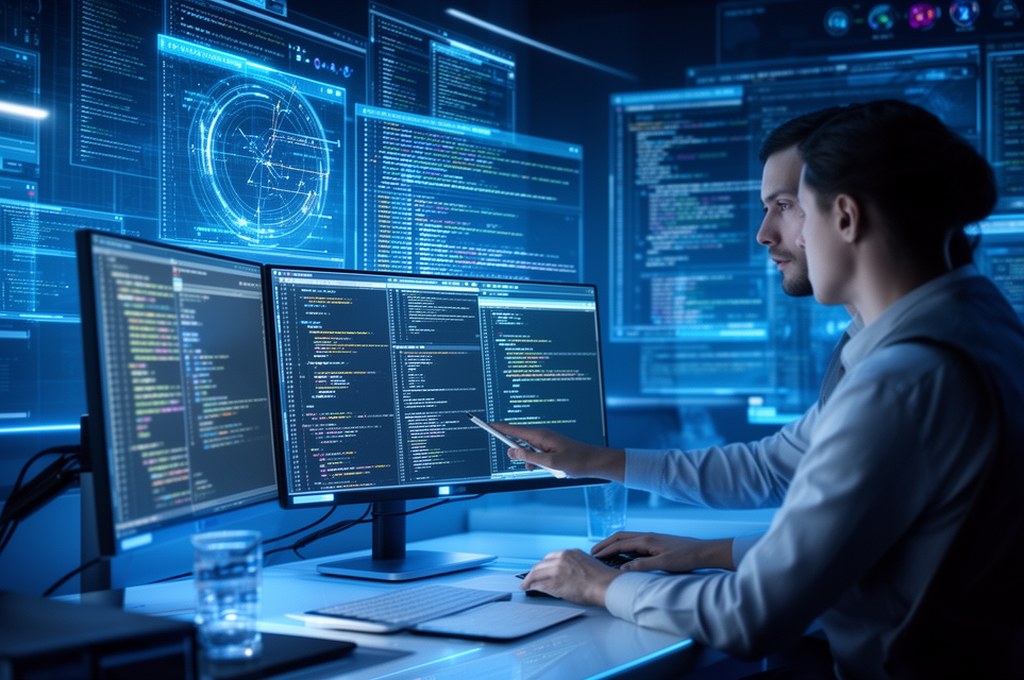 AI assisting developers with code review, futuristic concept