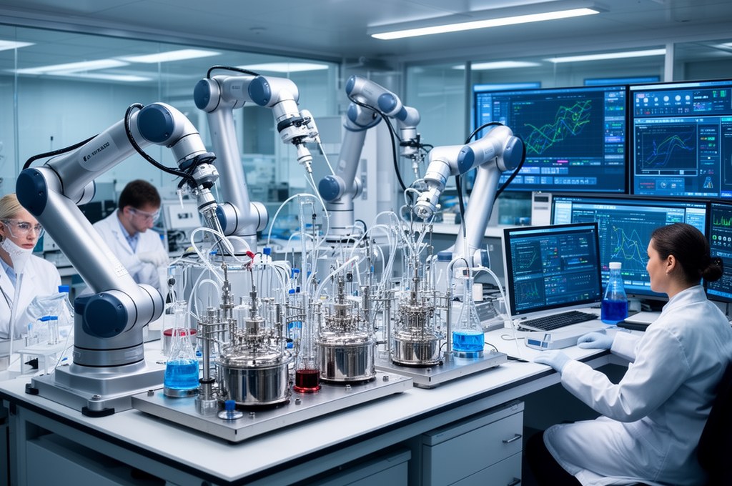 AI-driven robotic chemistry lab with automated reactors and liquid handling robots, researchers moni