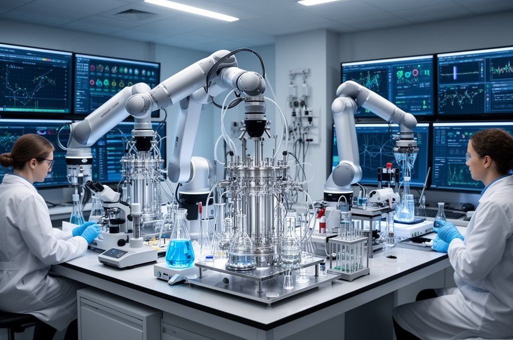 AI-driven robotic chemistry lab with automated reactors and liquid handling robots, researchers moni