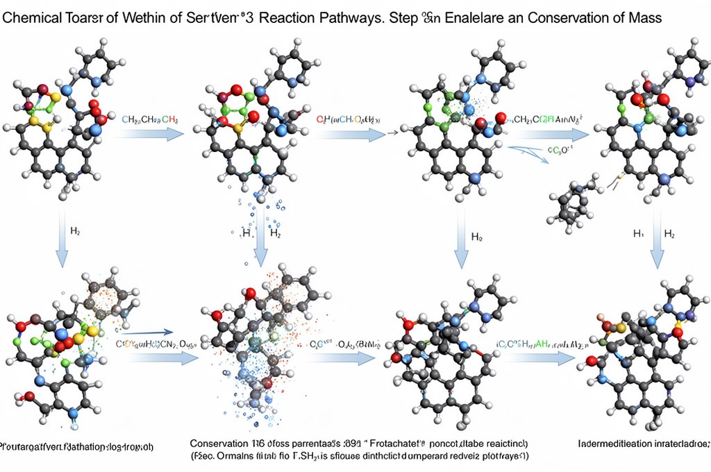 AI model visualizing chemical reaction pathways step-by-step, molecules transforming through interme
