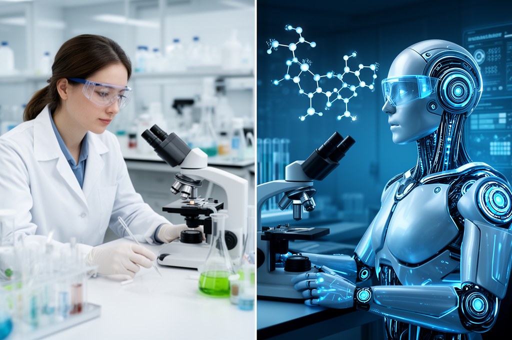 Split-screen concept of human chemist and AI co-pilot designing drug molecules together, modern biot