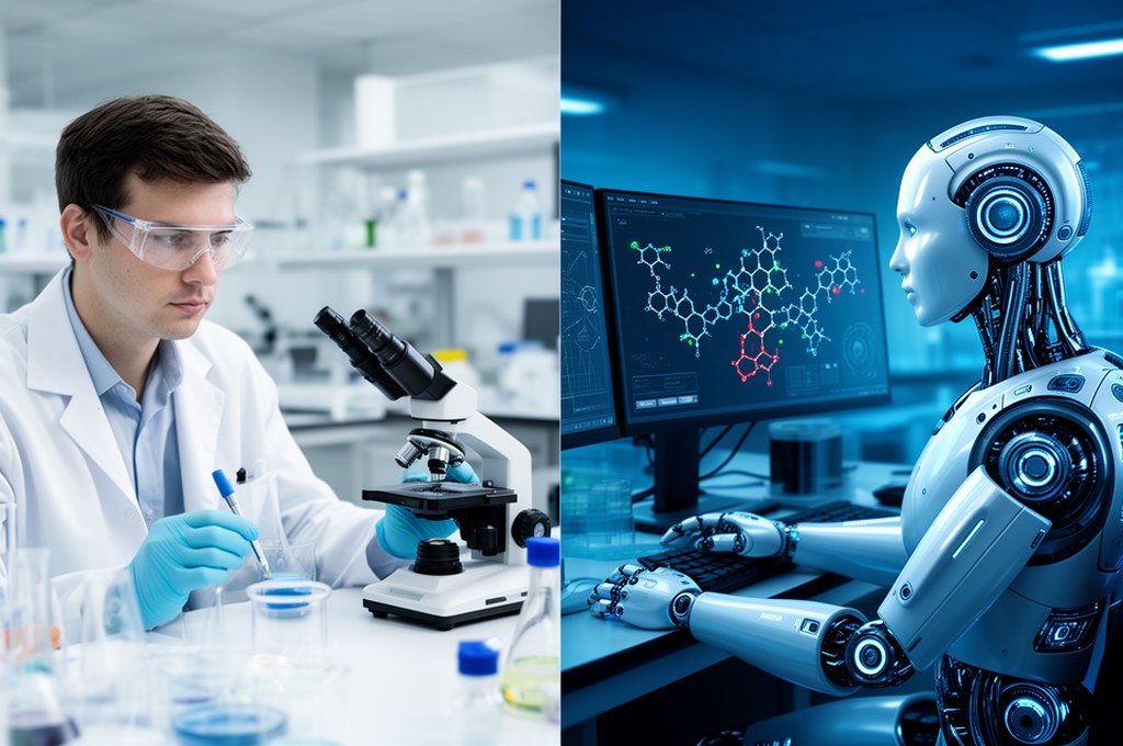 Split-screen concept of human chemist and AI co-pilot designing drug molecules together, modern biot