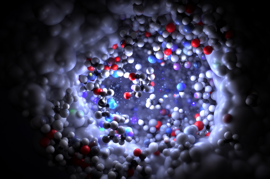 3D molecular interaction between small molecule drug candidate and protein pocket, scientific visual