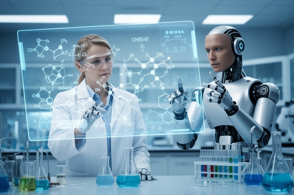AI and chemist collaboration concept, human scientist and robotic assistant reviewing reaction pathw