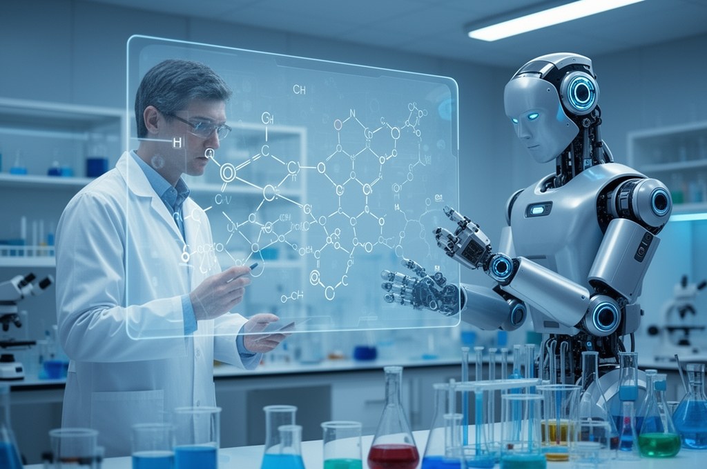 AI and chemist collaboration concept, human scientist and robotic assistant reviewing reaction pathw