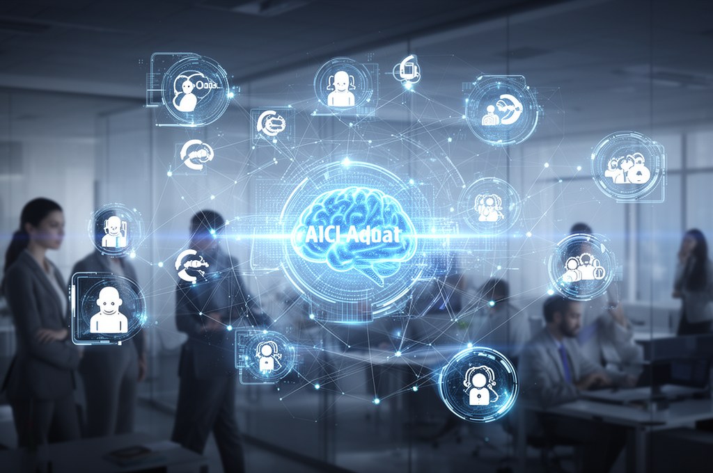 network of AI agents collaborating in a business environment. Futuristic concept.