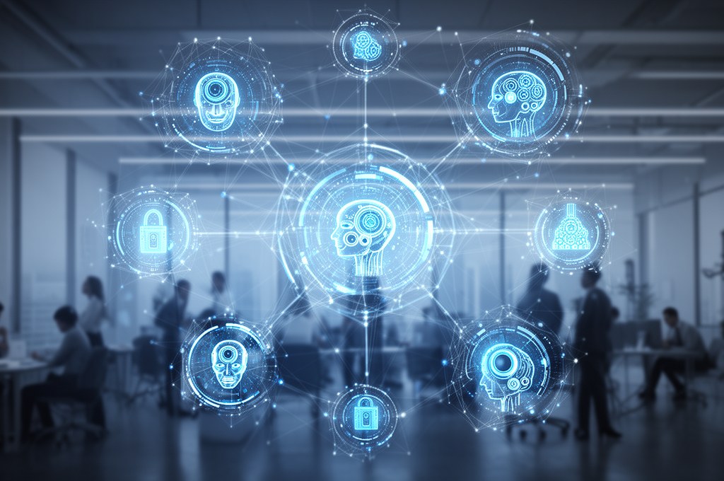 network of AI agents collaborating in a business environment