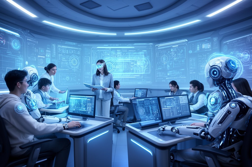 Futuristic classroom with AI and human students interacting. Futuristic concept.