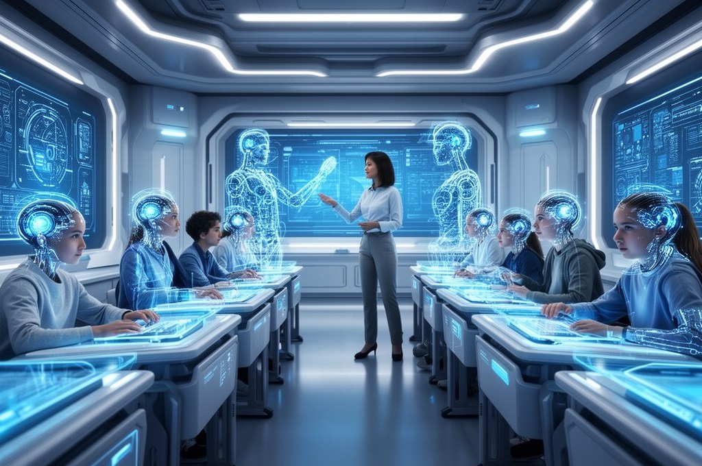 Futuristic classroom with AI and human students interacting. Futuristic concept.