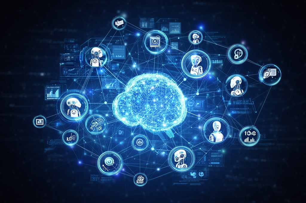 Futuristic network of AI agents collaborating in enterprise sales