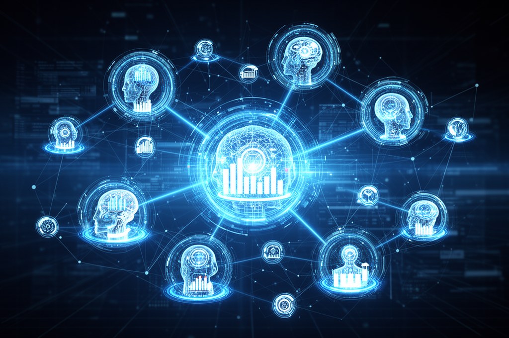 Futuristic network of AI agents collaborating in enterprise sales