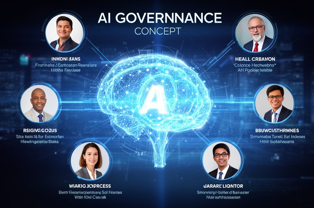 a futuristic AI governance concept with diverse stakeholders