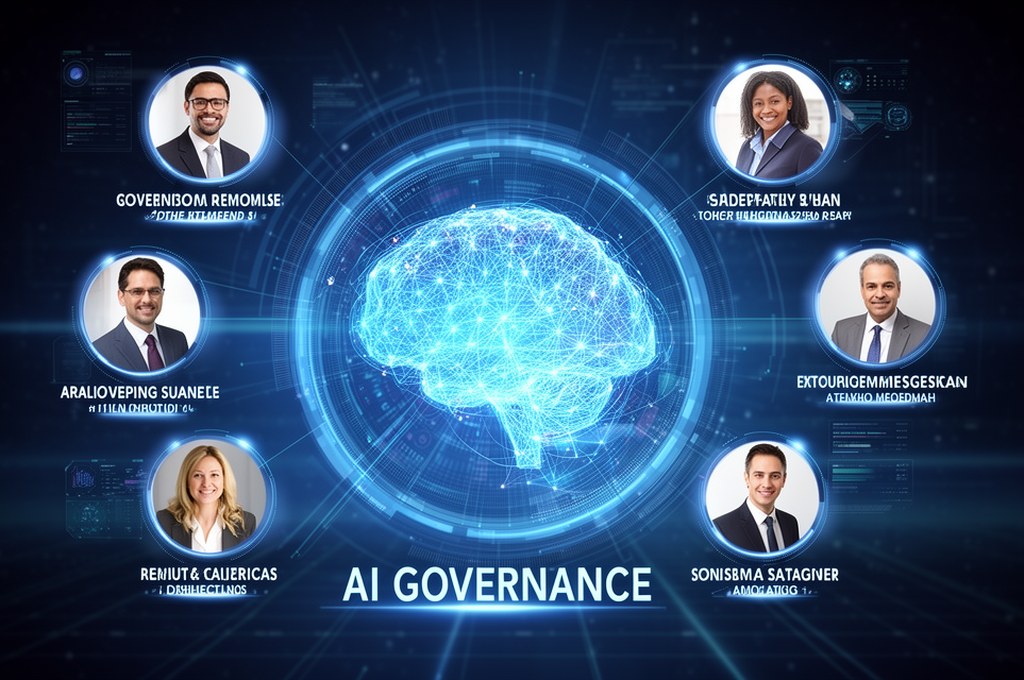 a futuristic AI governance concept with diverse stakeholders