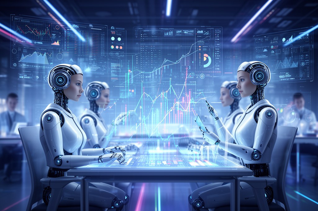 Futuristic concept of AI employees using innovative financial tools to fund projects.