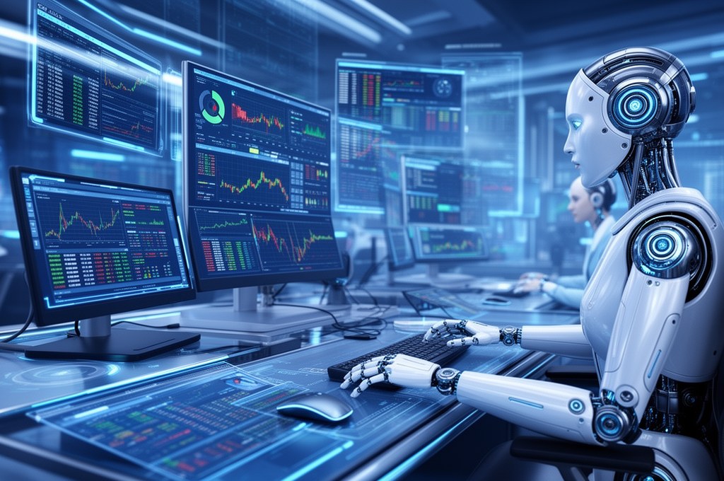 Futuristic concept of AI employees using financial tools