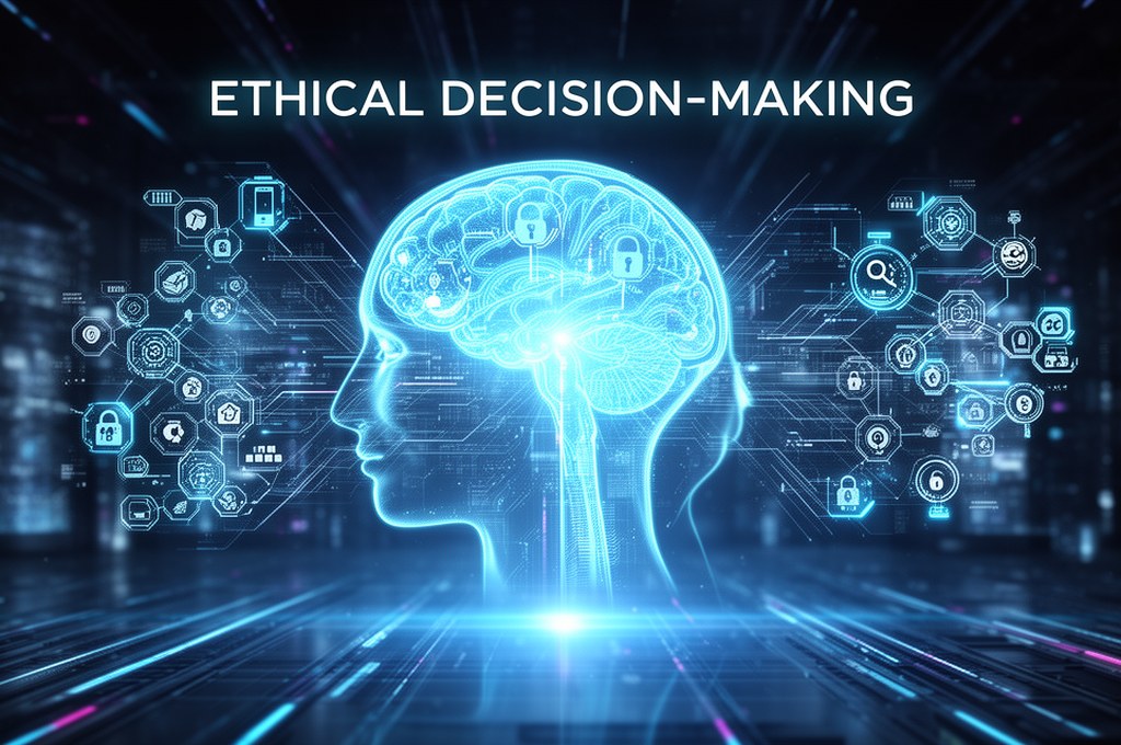 Futuristic representation of ethical decision-making in AI systems. Futuristic concept.