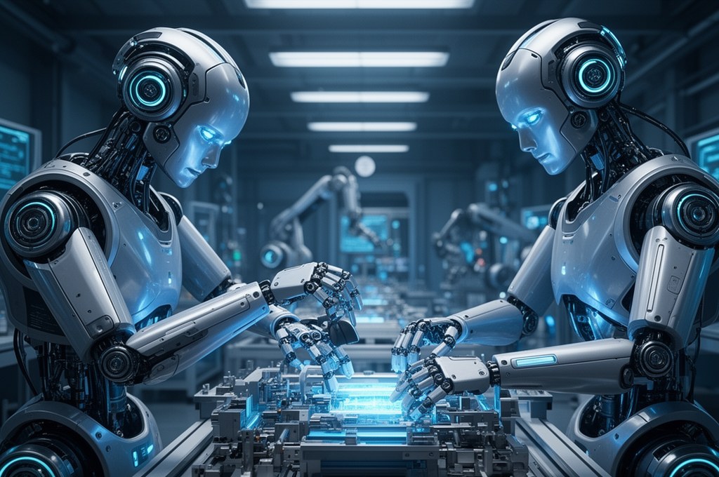 Futuristic robots collaborating in an assembly task