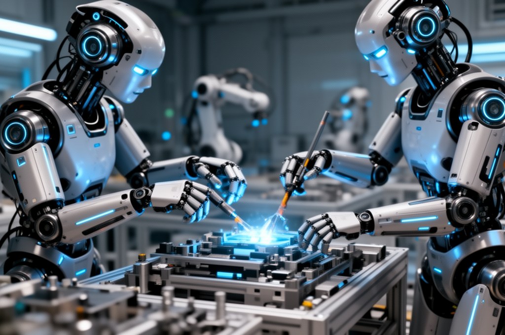 Futuristic robots collaborating in an assembly task