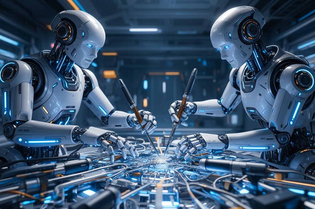 Futuristic robots collaborating on a complex task