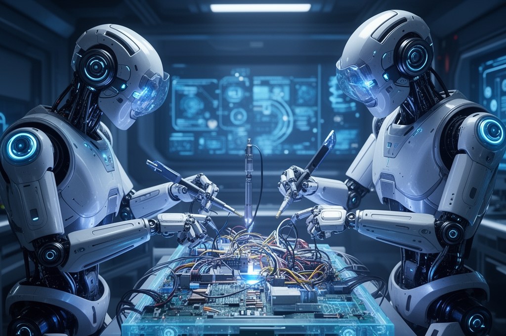 Futuristic robots collaborating on a complex task