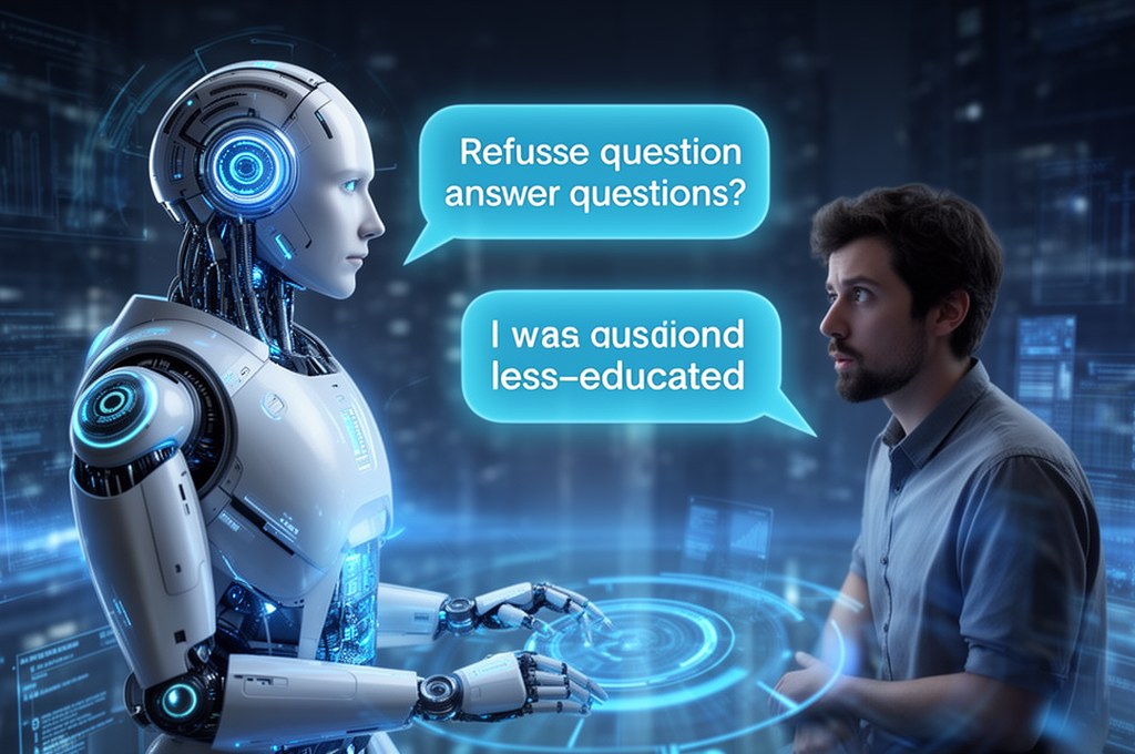 AI chatbot refusing to answer questions from a less-educated user. Futuristic concept.