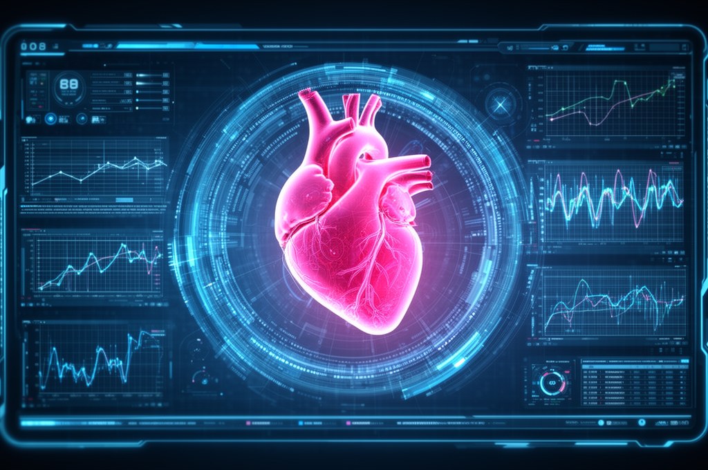 A futuristic AI predicting heart health outcomes on a digital screen