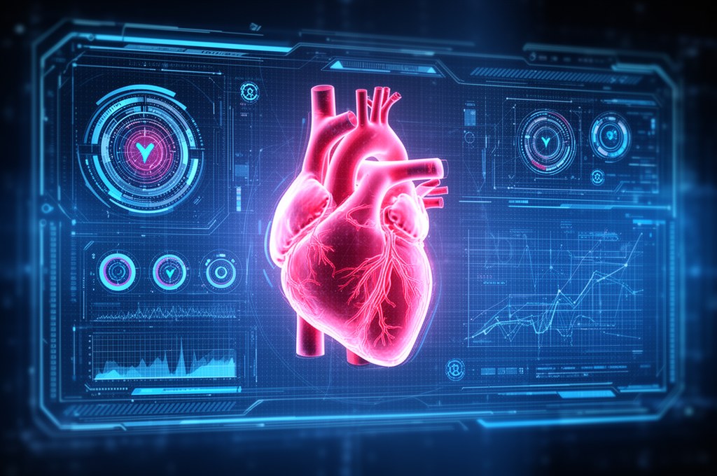 A futuristic AI predicting heart health outcomes on a digital screen