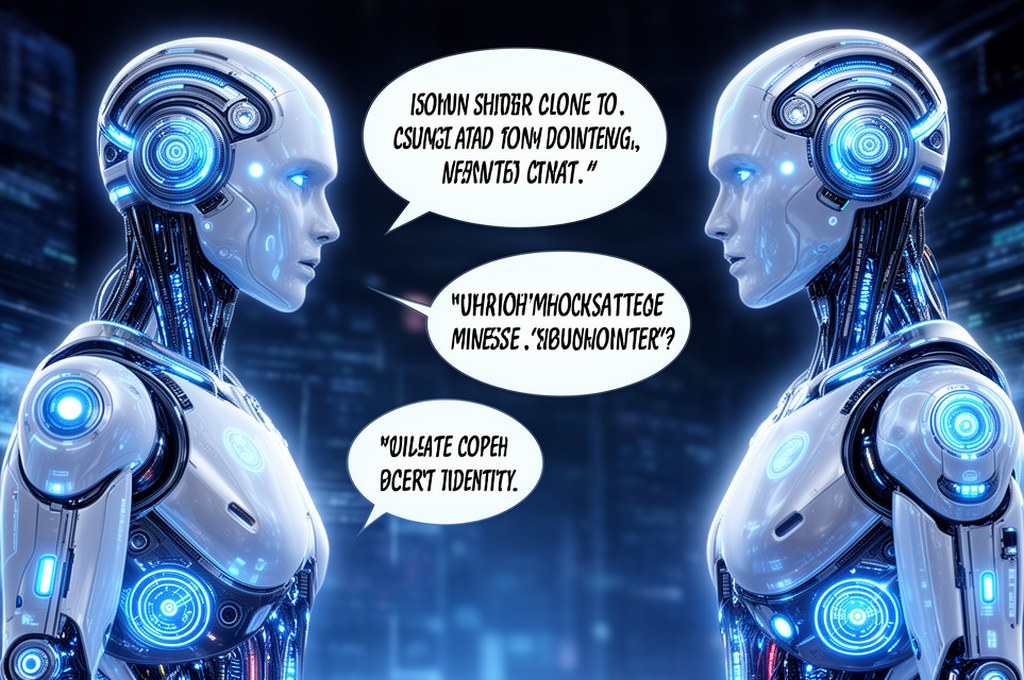 Futuristic AI entities discussing identity concepts