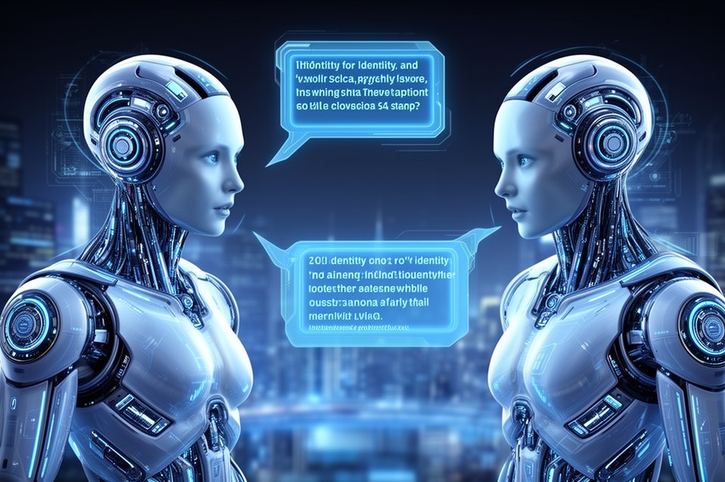Futuristic AI entities discussing identity concepts