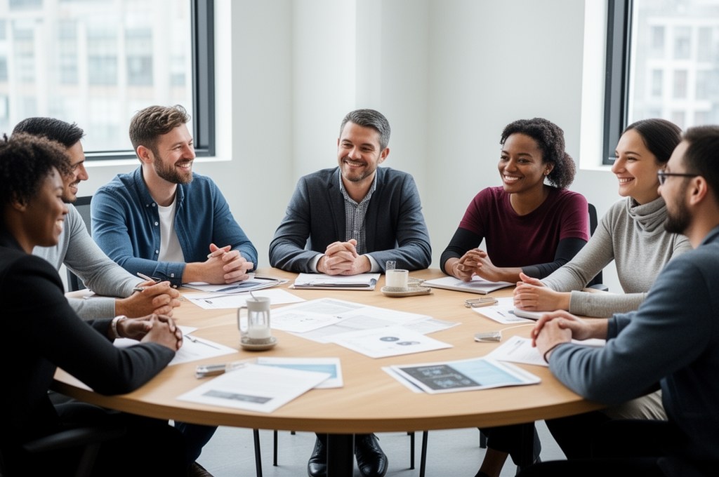 A peaceful roundtable discussion about AI safety, with diverse participants engaging positively.