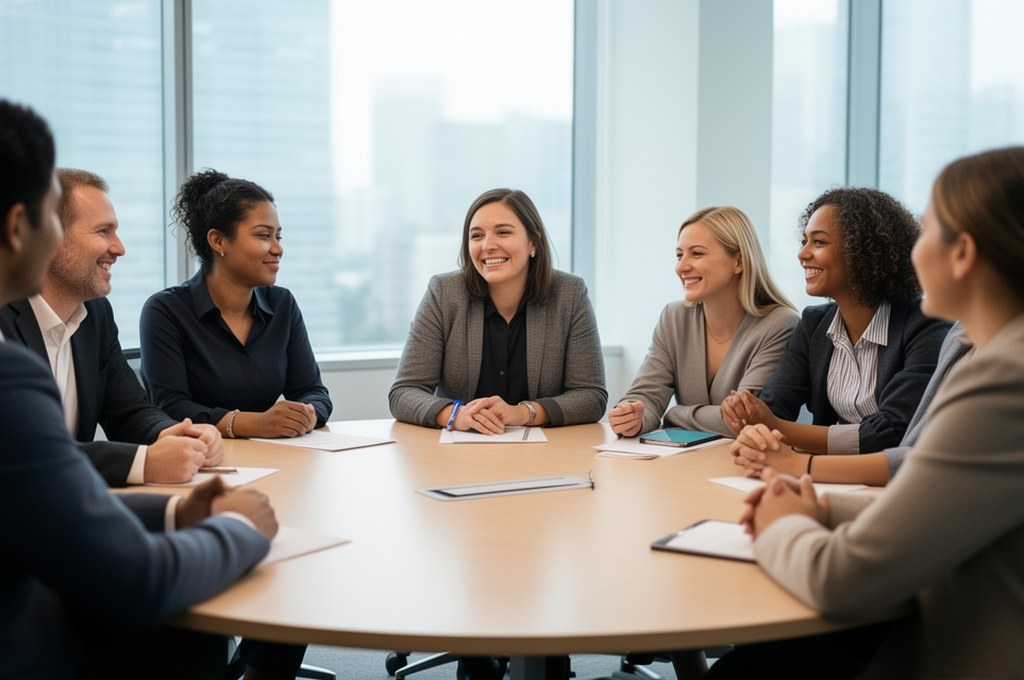 A peaceful roundtable discussion about AI safety, with diverse participants engaging positively.
