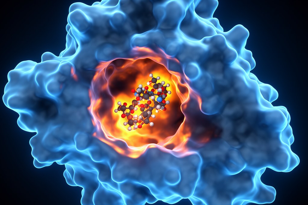 3D molecular docking visualization, drug-like small molecule fitting into a protein pocket, neon blu