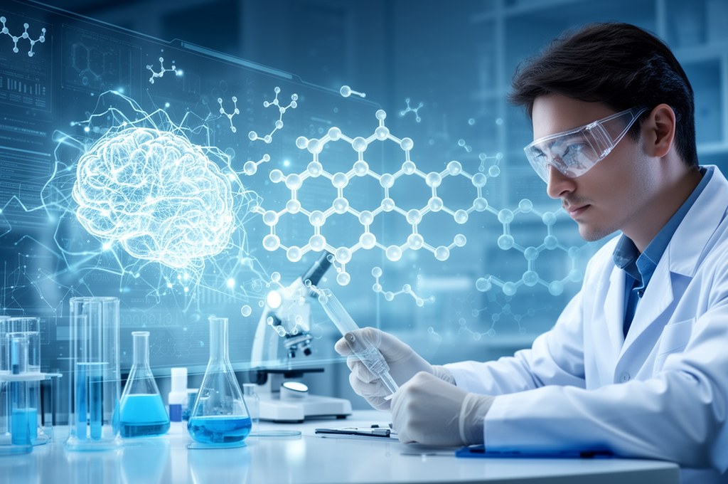 AI and chemist collaboration concept, human scientist and transparent neural network overlay co-desi