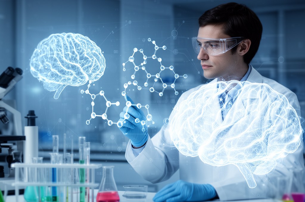 AI and chemist collaboration concept, human scientist and transparent neural network overlay co-desi