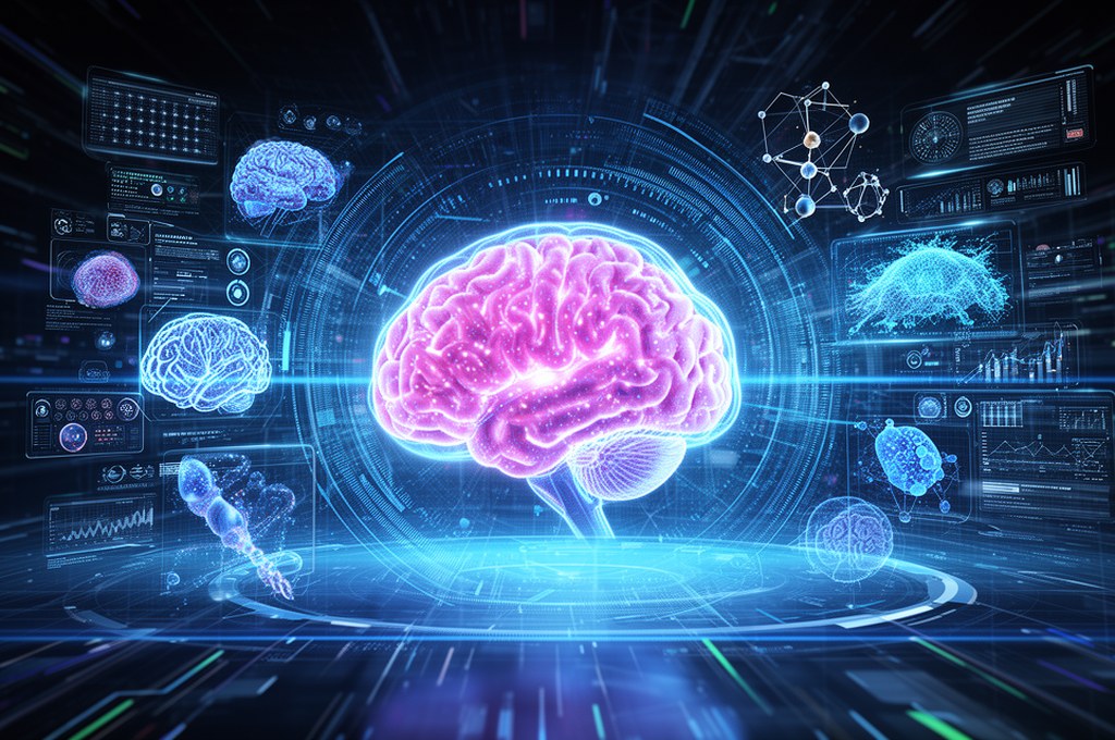 A futuristic concept of deep-learning in biological research. Futuristic concept.