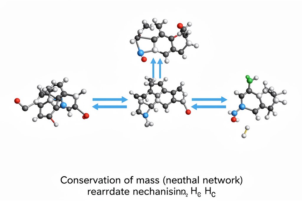 AI neural network overlay on molecular reaction mechanism, arrows between intermediates, conservatio