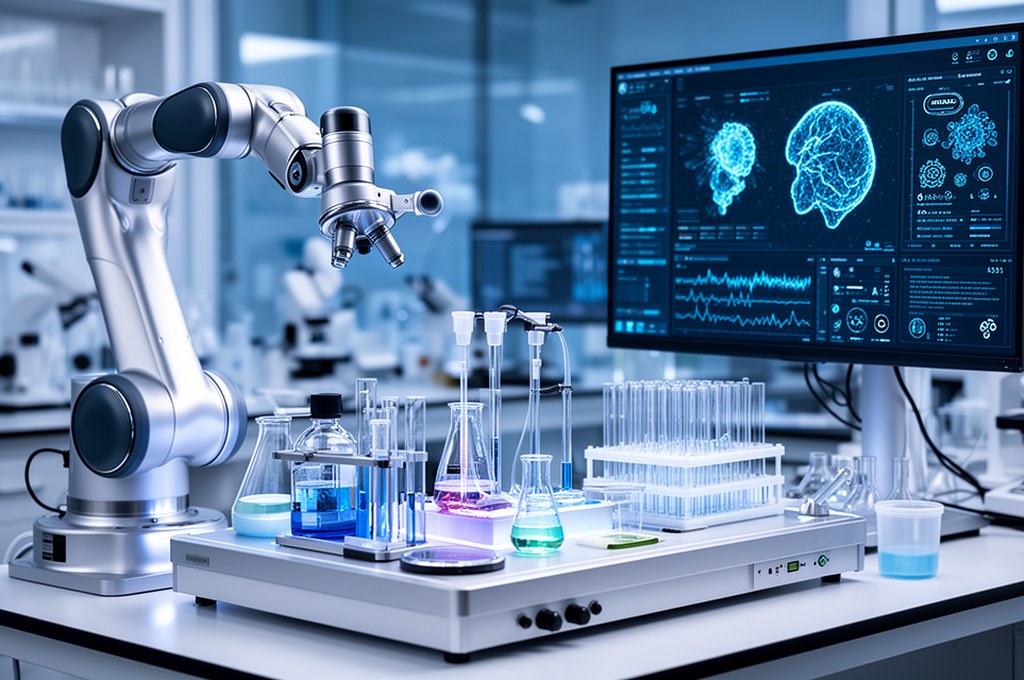 Robotic chemistry automation platform running experiments guided by AI dashboard, modern biotech sta