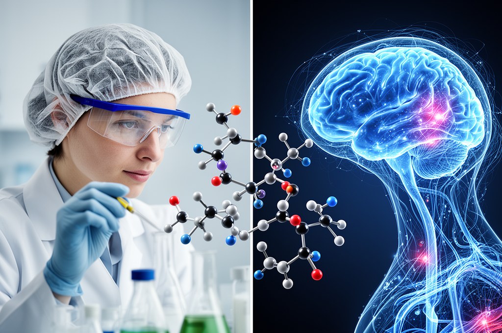 Conceptual visualization of human chemist and AI system co-designing a drug molecule, split-screen b
