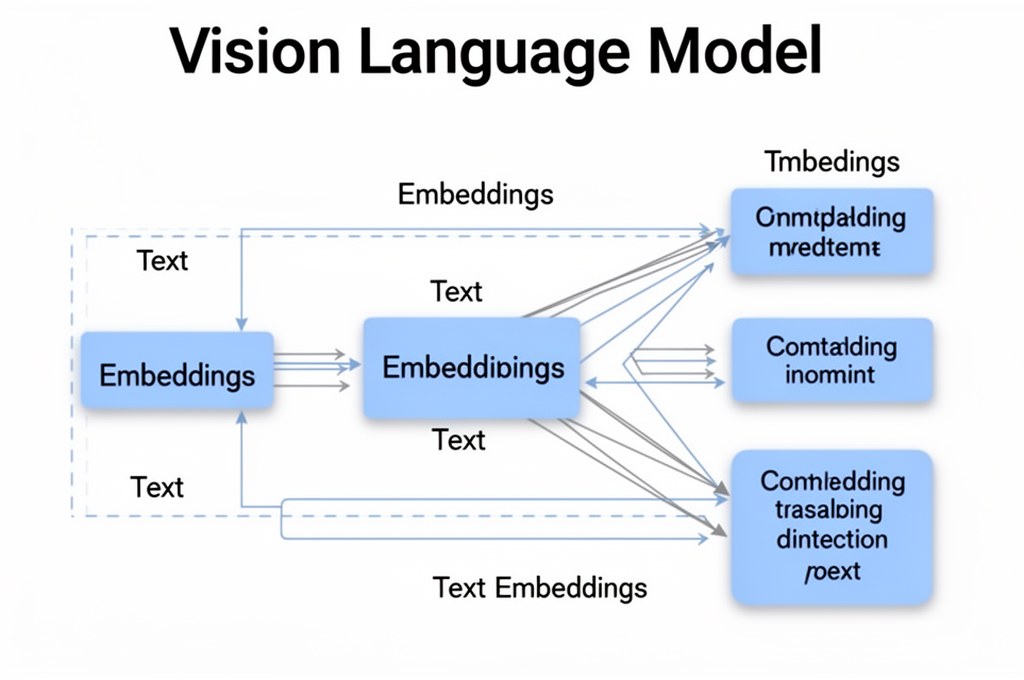 A diagram showing the interaction between image and text embeddings in a Vision Language Model