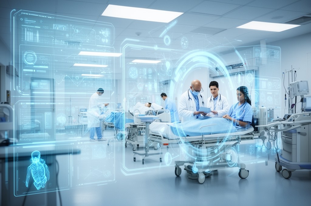 Futuristic AI interface assisting doctors in a hospital setting. Futuristic concept.