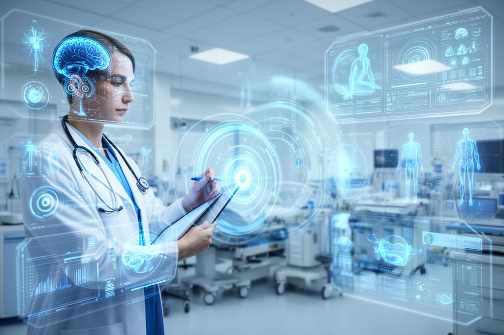 Futuristic AI interface assisting doctors in a hospital setting