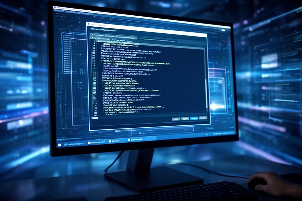 Installing software on a computer screen, futuristic concept