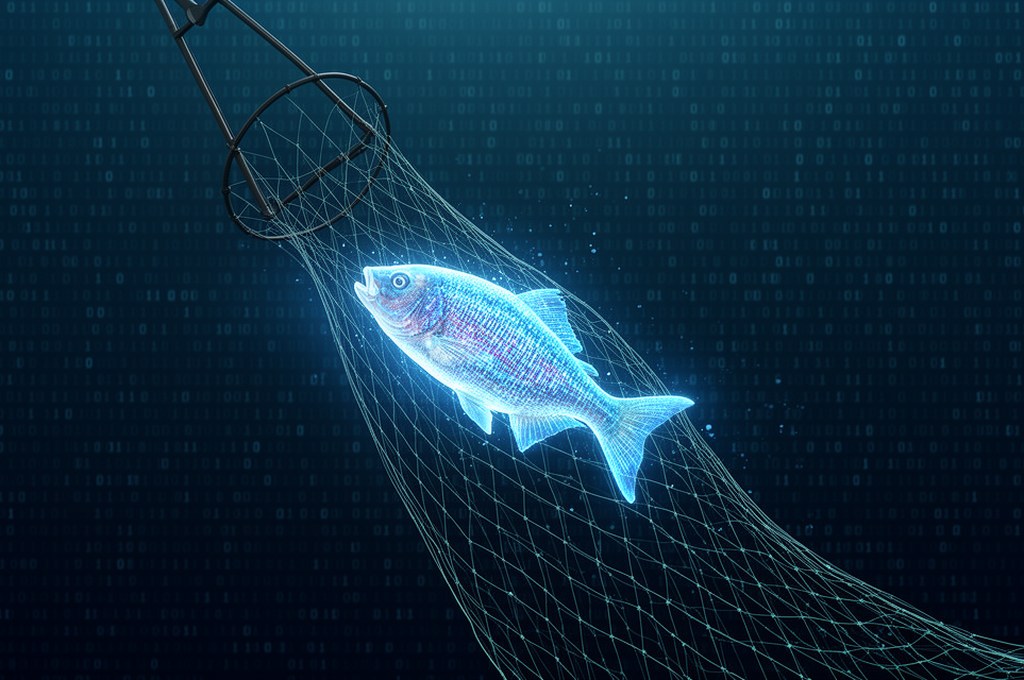 Abstract digital representation of a fishing net catching a specific glowing data fish in a vast sea