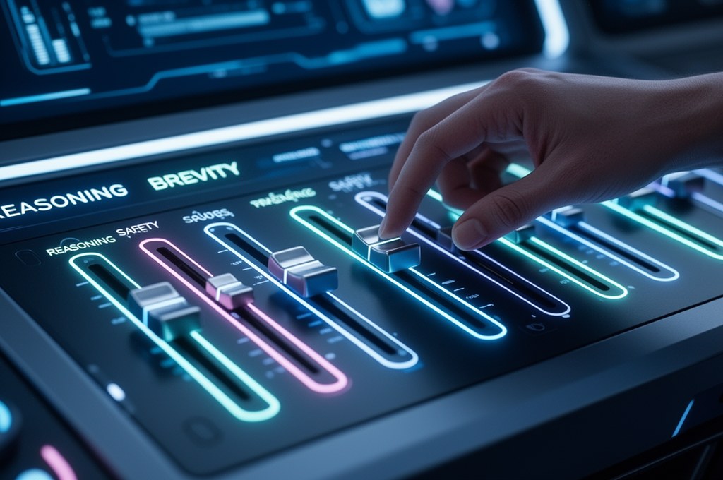 A futuristic control panel or mixing console with glowing sliders labeled with concepts like 'Reason