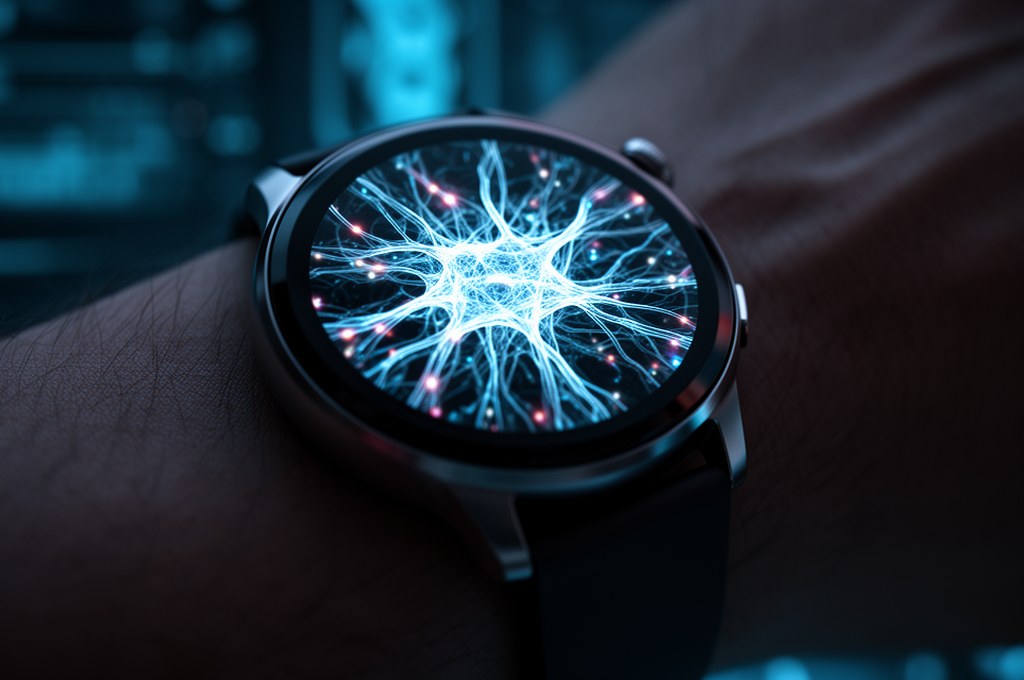 A macro shot of a sleek smartwatch displaying a complex, glowing neural network graph on its screen,